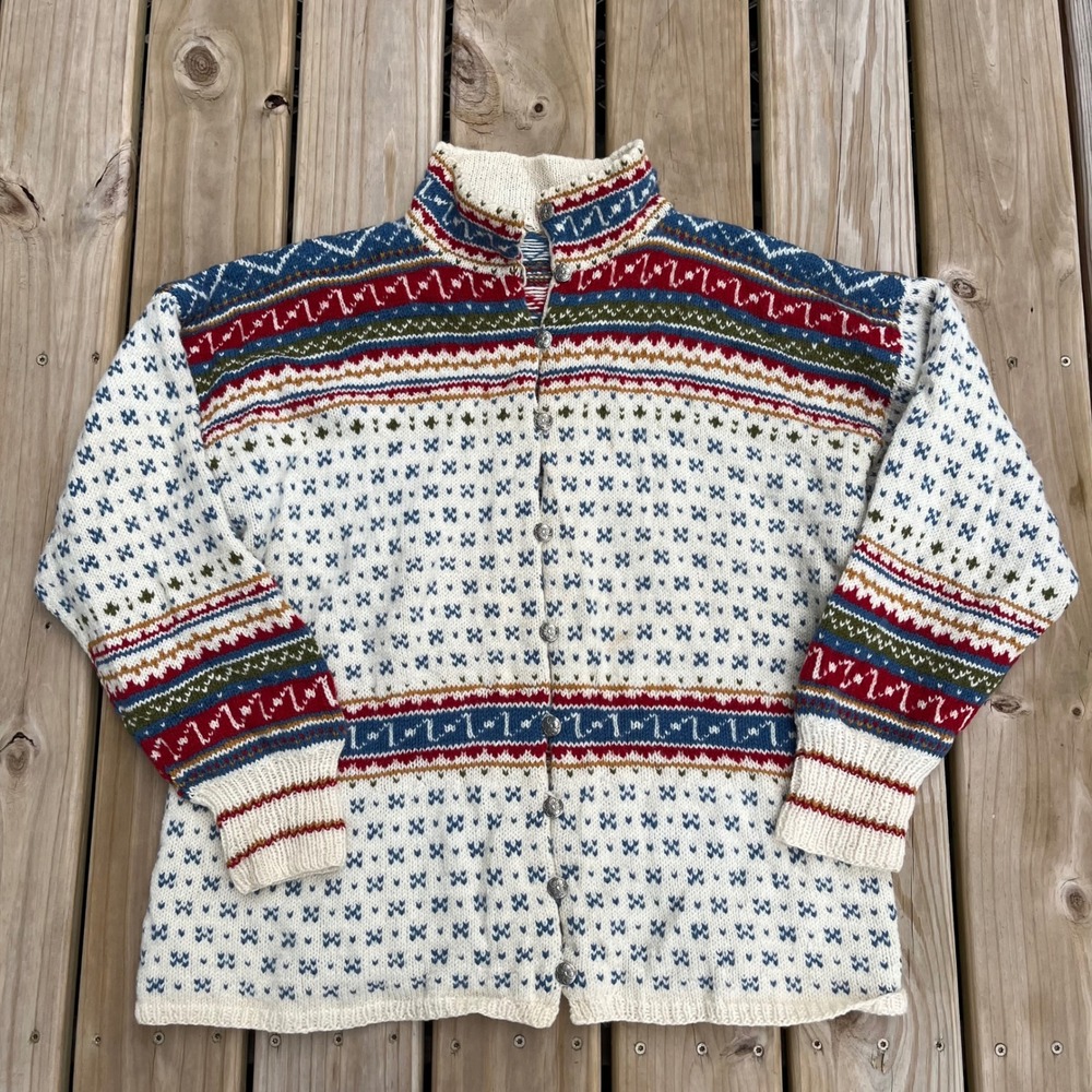 Handmade Sweater Wool Nordic Fair Isle Cardigan Cream Red Blue Estimated XL